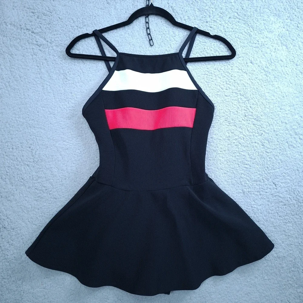 Swim Solutions Size 10 Black Striped Halter Swimsuit Dress‎ Slimming Shaper - Picture 3 of 11